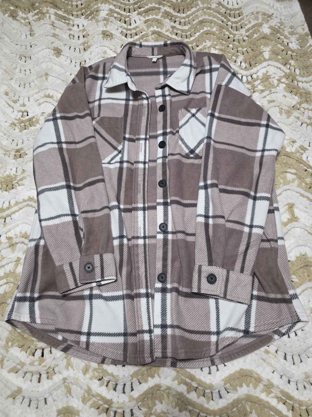 Girls Plaid Shacket Jacket - Taupe & White